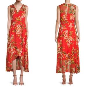 Calvin Klein Floral Wrap Dress Fire Red White Midi Flowy Size 16 Spring Sundress